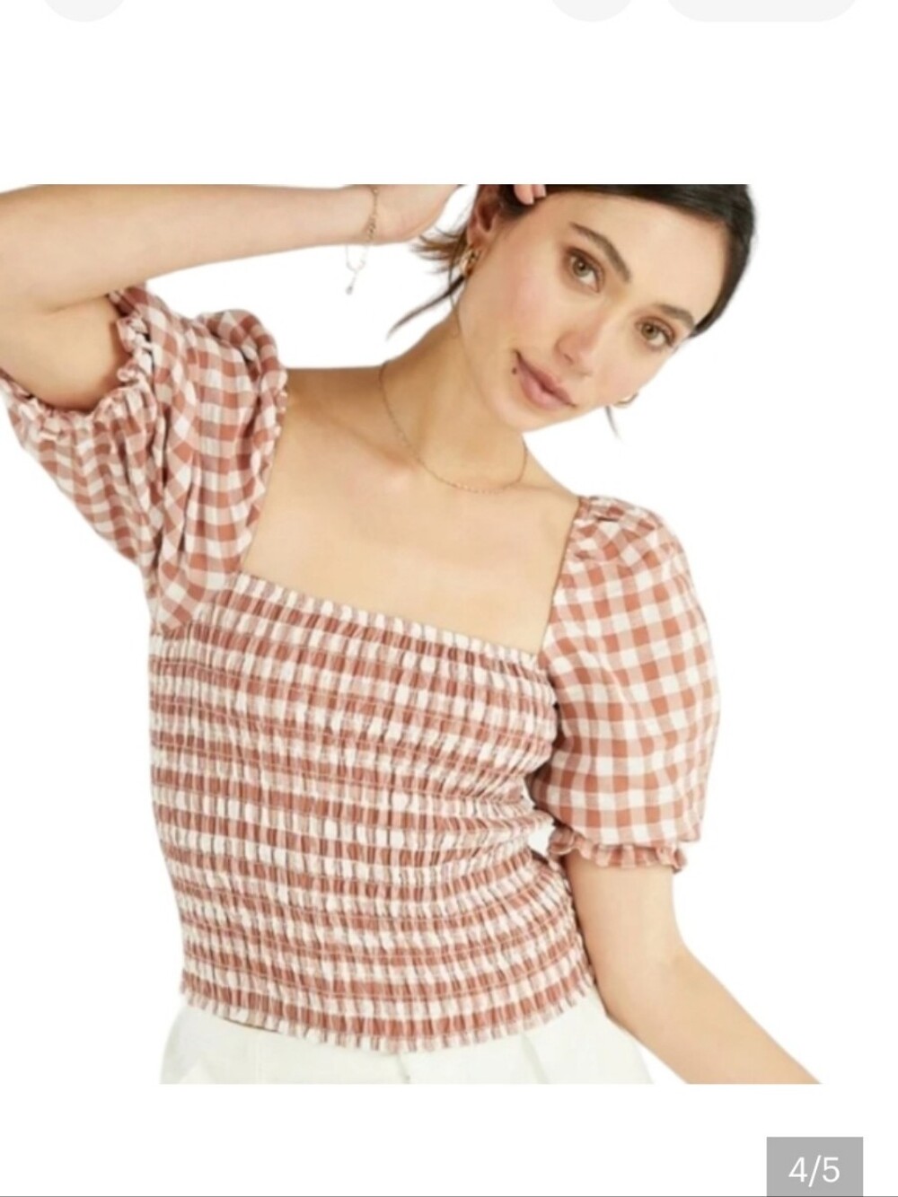 JustFab Gingham Smocked Puff Sleeve Square Neck Top